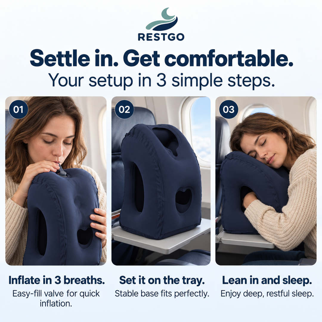 RESTGO inflatable travel pillow: inflate, place on a suitable tray and lean forwards to rest.