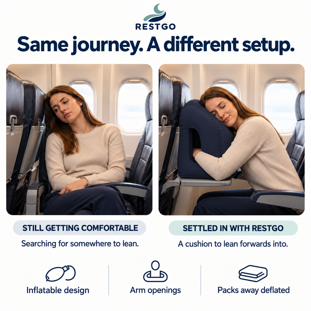 RESTGO seated travel comfort comparison with the navy-blue inflatable pillow.