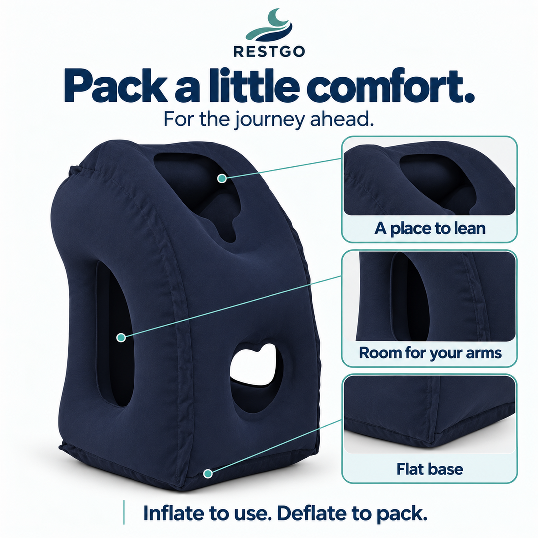 RESTGO navy-blue pillow details: face area, side arm openings and flat base.