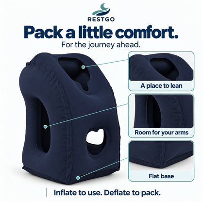 RESTGO navy-blue pillow details: face area, side arm openings and flat base.