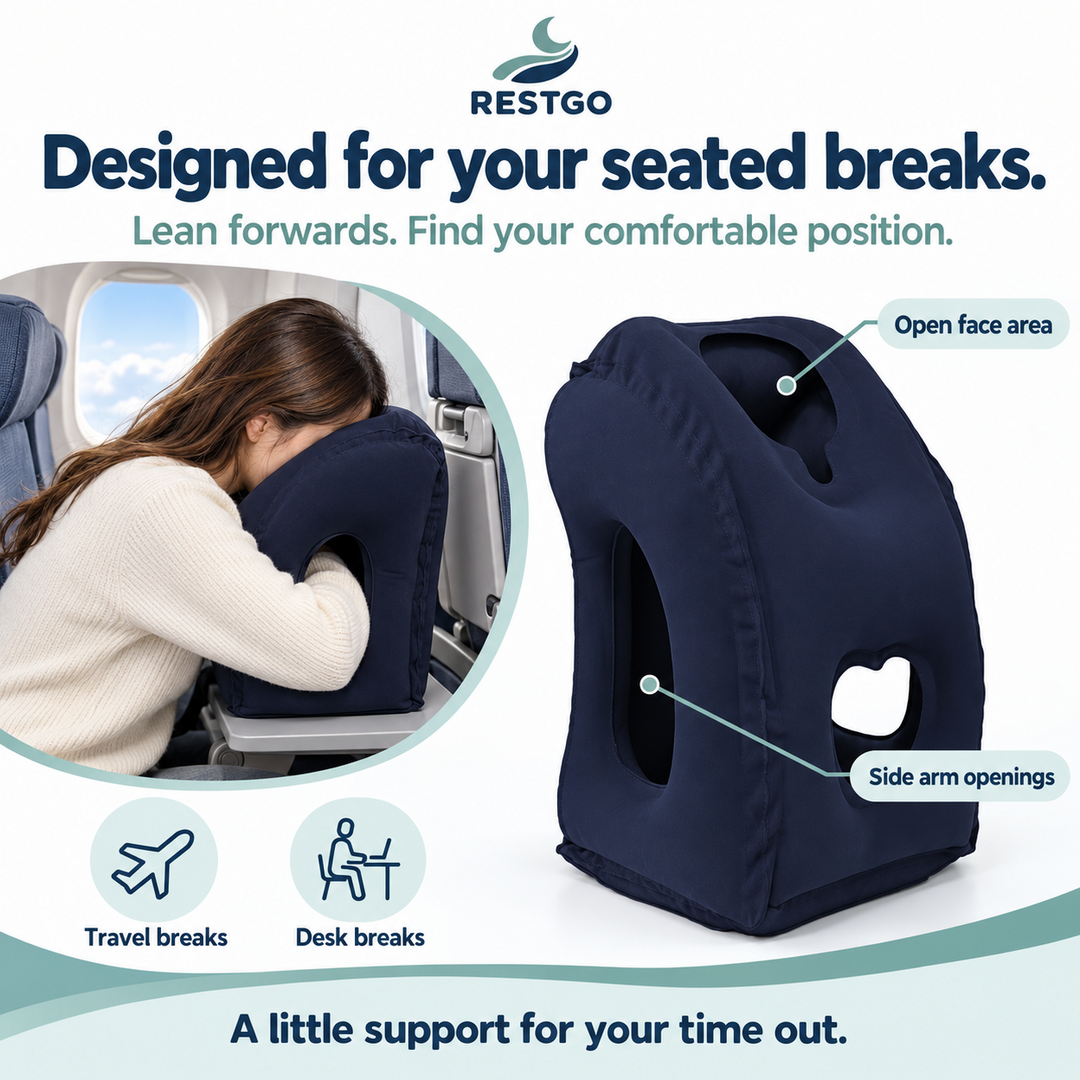 RESTGO pillow design for seated travel and desk breaks.