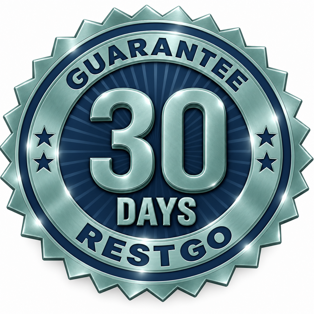 RESTGO 30-day return guarantee badge in navy blue and muted teal.