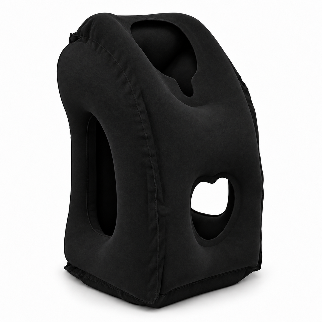 RESTGO inflatable travel pillow in black on a white background