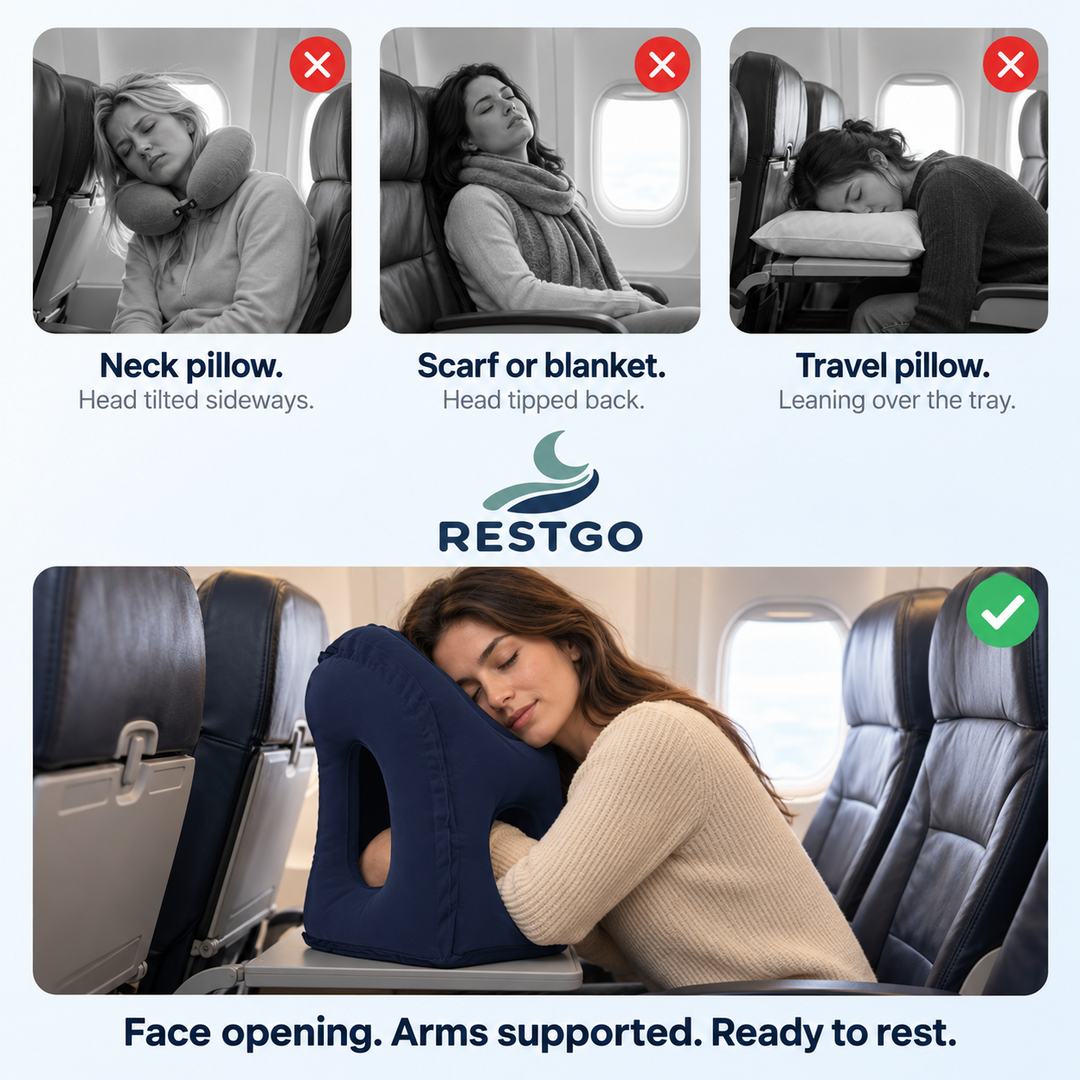 Three uncomfortable travel positions compared with resting on the navy RESTGO inflatable travel pillow.